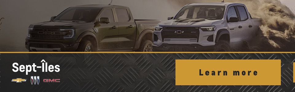 “Learn more” button featuring 2025 Chevrolet Colorado ZR2 and Ford Ranger Raptor at Sept-Îles GM.