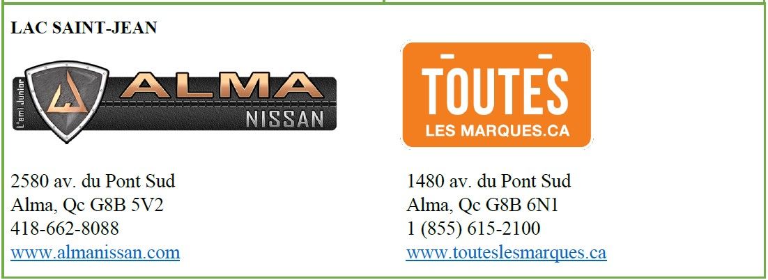 Liste des entreprises concernées au Lac St-Jean: Concessionnaire Alma Nissan et Concessionnaire Touteslesmarques.ca