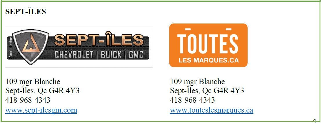 Liste des entreprises concernées à Sept-Îles: Concessionnaire Sept-Îles Chevrolet-Buick-GMC et Concessionnaire Touteslesmarques.ca 