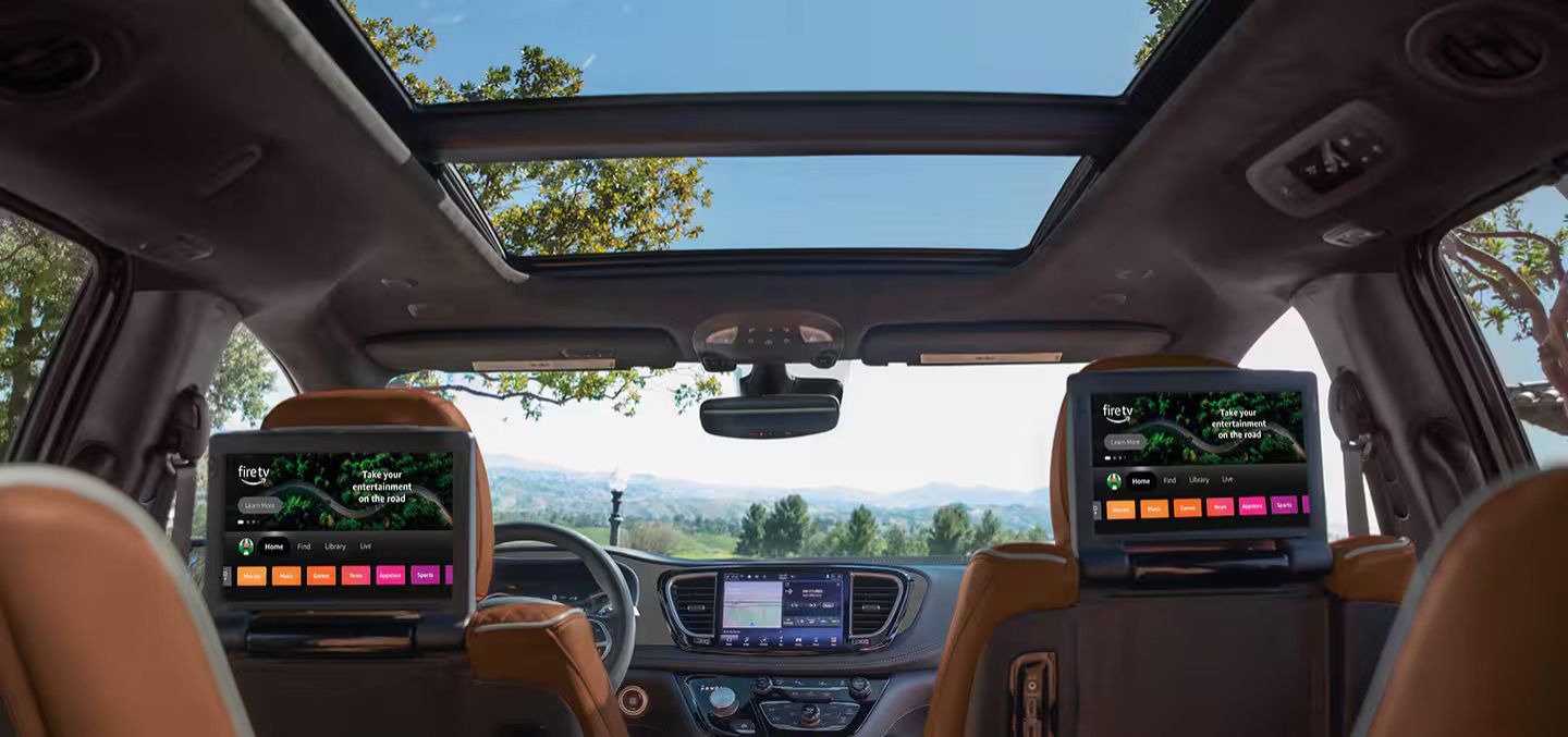 Back interior view of the seats and roof top window of the Chrysler Pacifica