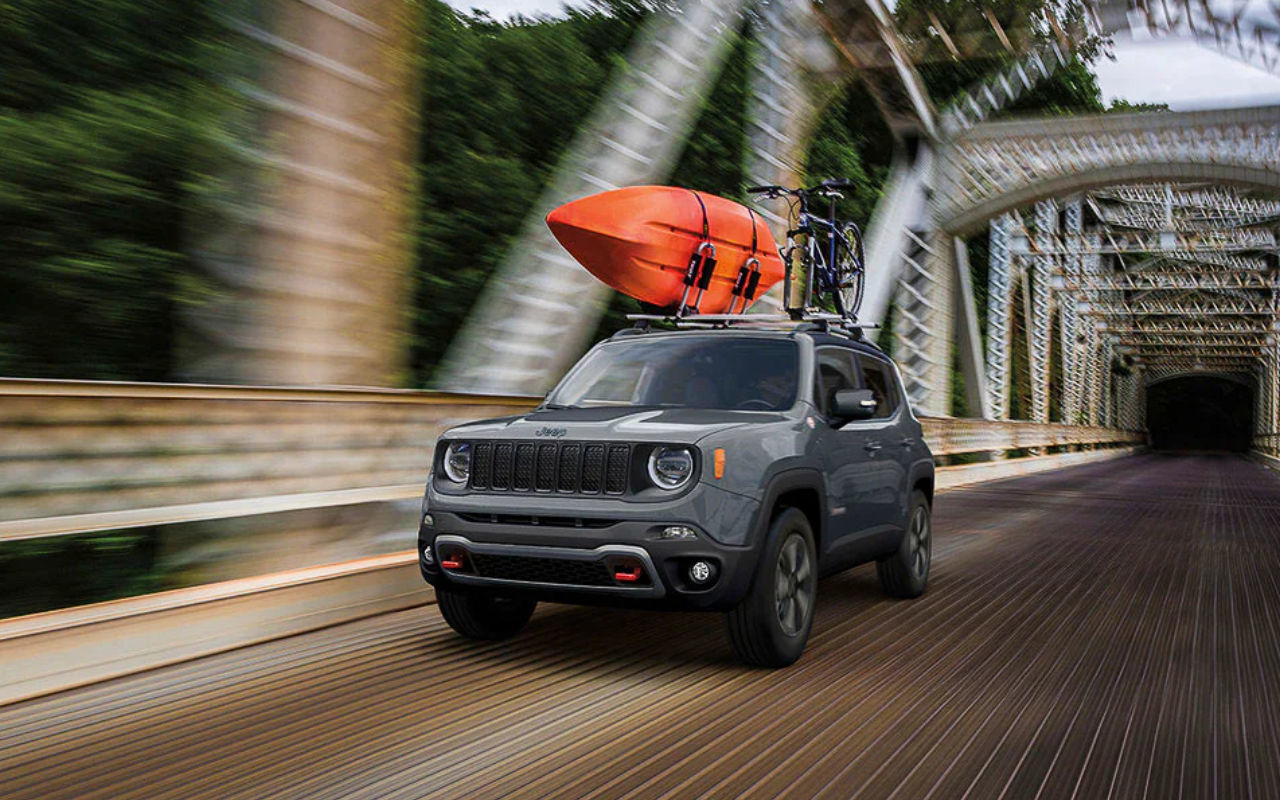 front side view of a 2022 Jeep Renegade on a bridge