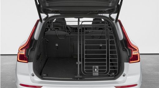 The trunk of a Volvo Car with the dog gate installed.