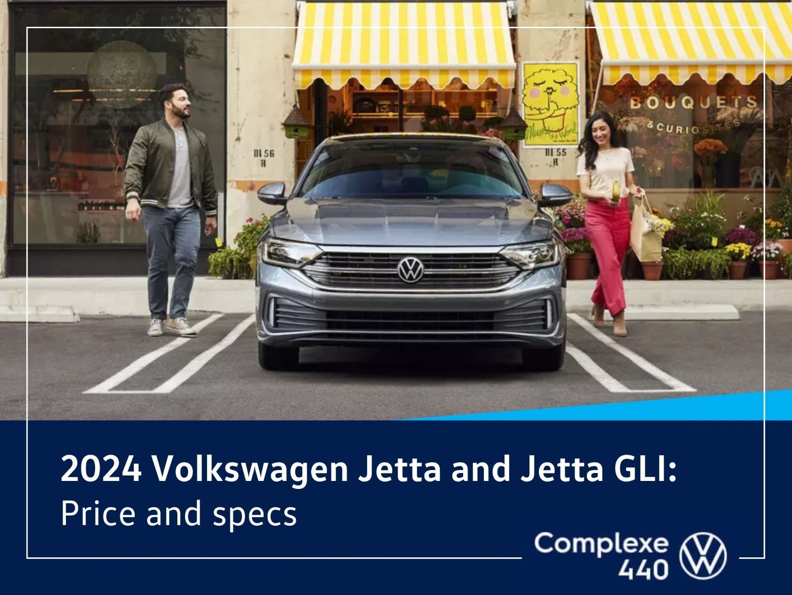 header image - couple about to board a 2024 VW Jetta parked in front of a flower shop