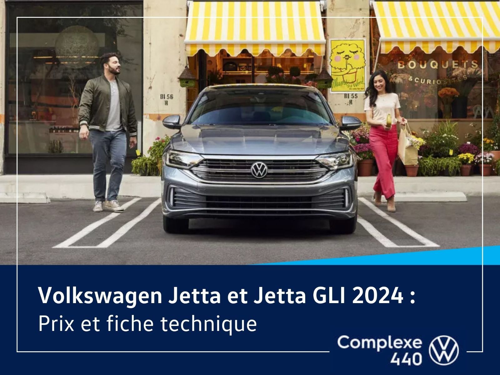 image entête - couple sur le point de monter à bord d'une VW Jetta 2024 garée devant un fleuriste