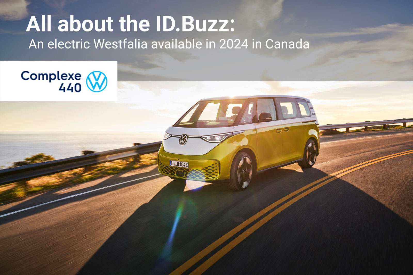 frontal side view of a VW id.buzz on the road at dusk