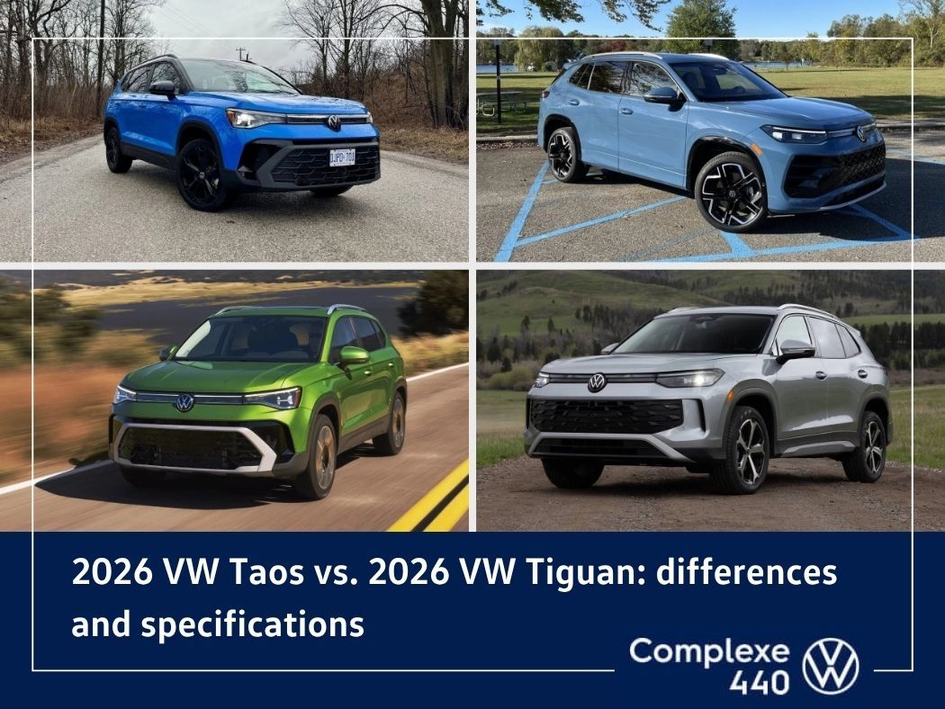 Side-by-side view of the Volkswagen Taos and Volkswagen Tiguan SUVs parked outdoors