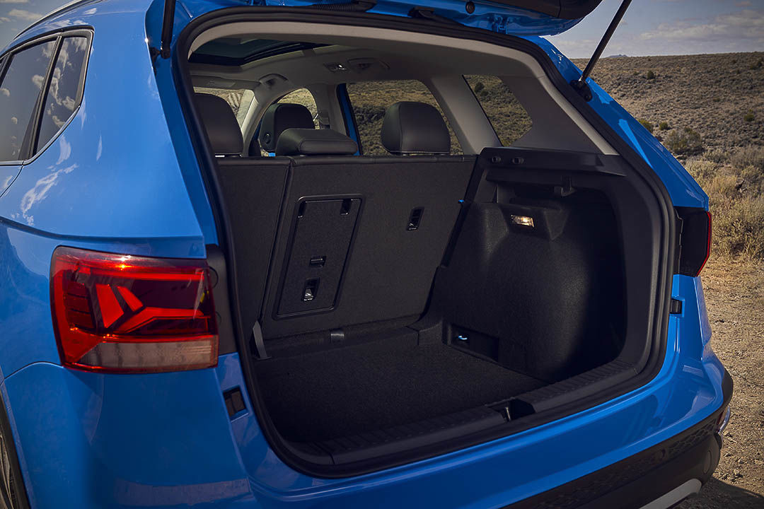 rear view of the 2022 Volkswagen Taos with the trunk door open