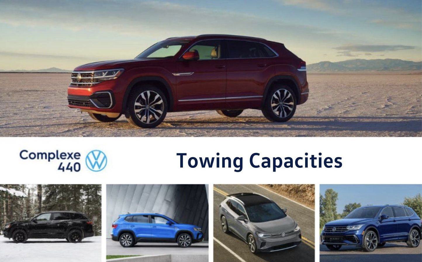 Photo montage of the towing capacities of Volkswagen 2023 vehicles.