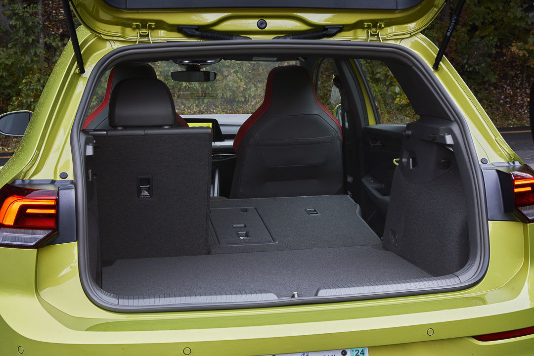rear view of the 2022 Volkswagen Golf GTI with the trunk door open
