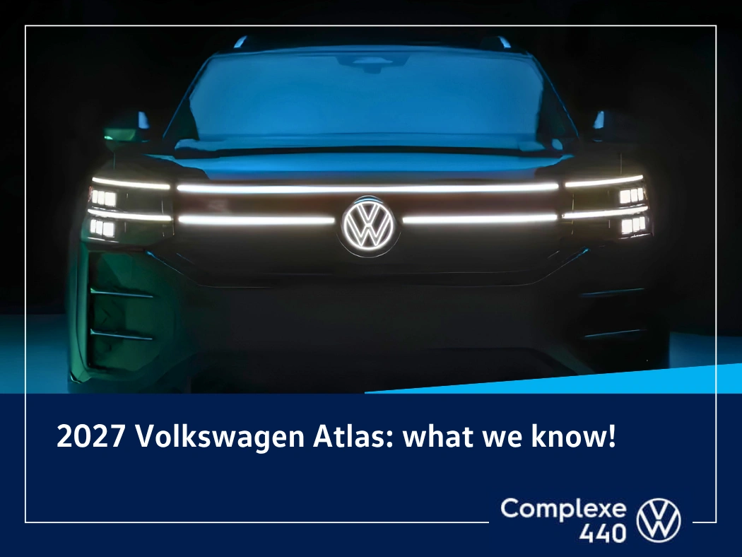 2027 Volkswagen Atlas presented from the front with its light signature, illustrating the upcoming new family SUV.