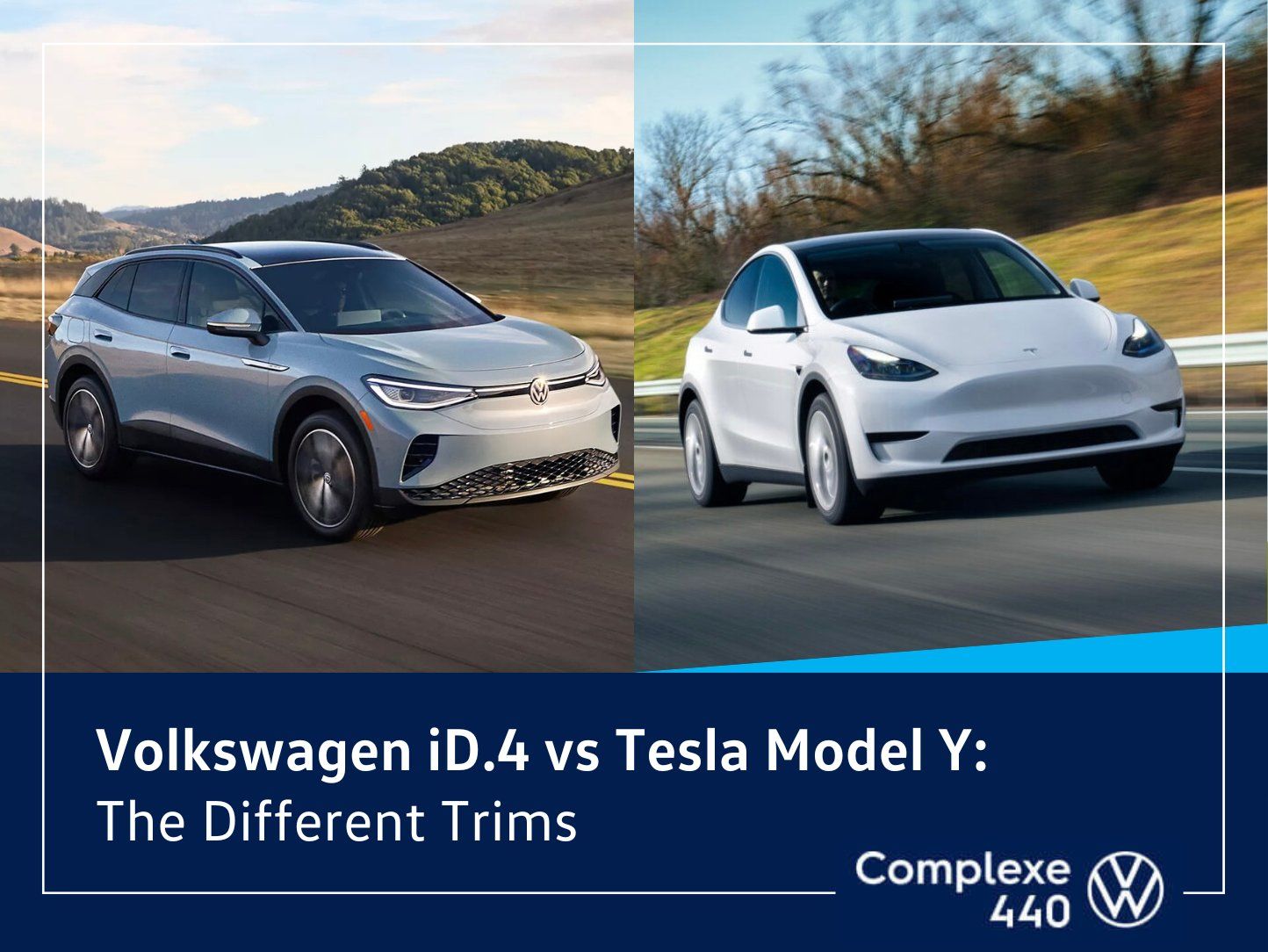 Photo montage with Volkswagen iD.4 and Tesla Model Y.