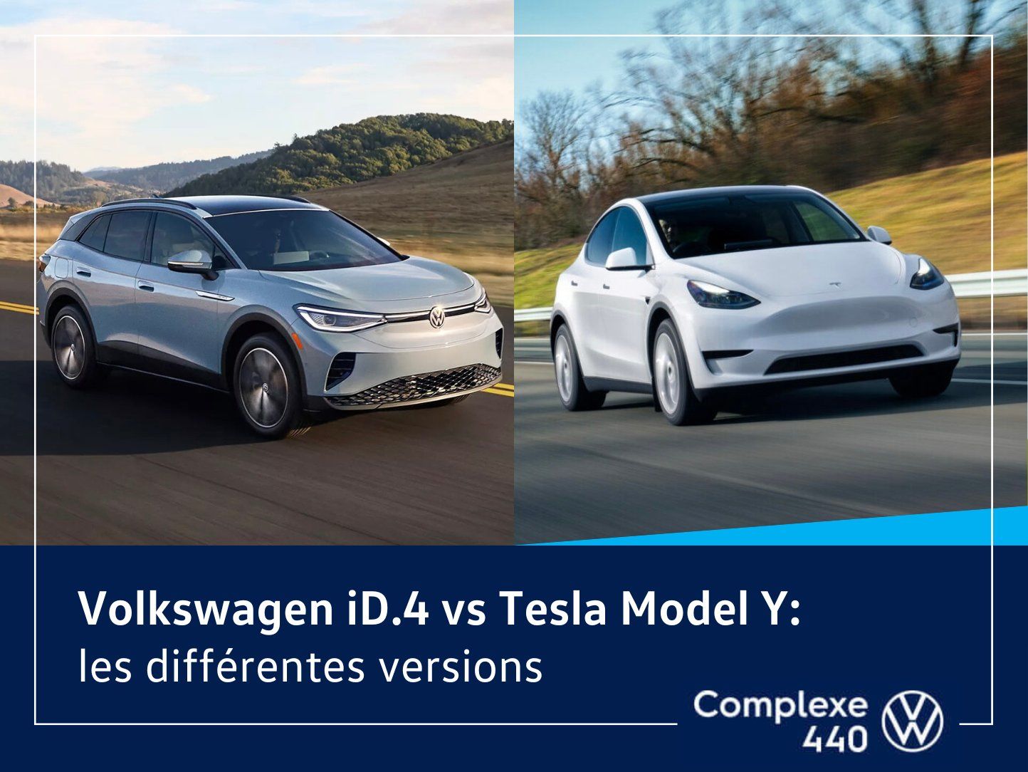 Montage photo aves la Volkswagen iD.4 et le modèle Y de Tesla.