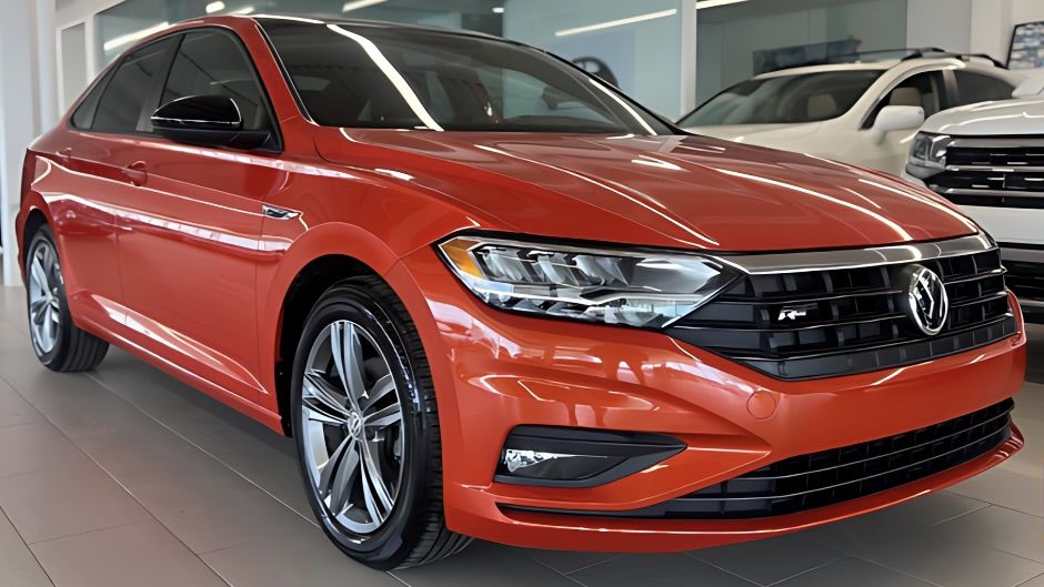 Vue 3/4 avant de la Jetta 2024 dans le garage du concessionnaire Arbour Volkswagen.