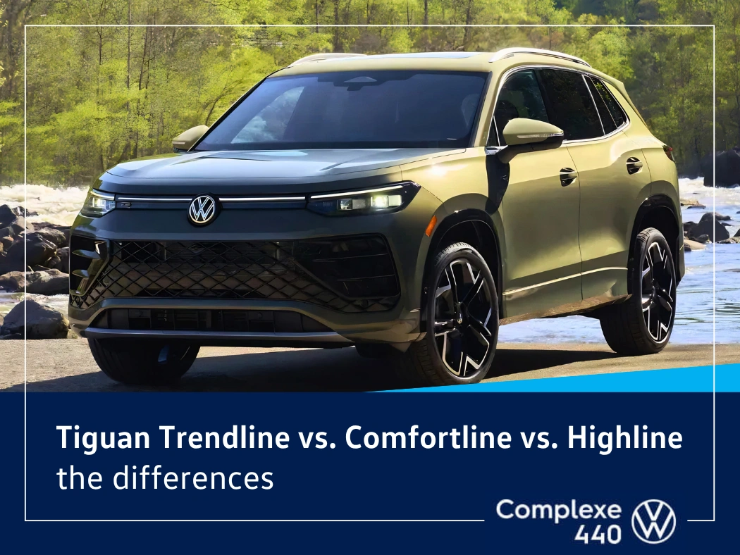 2026 Volkswagen Tiguan with title visual “Tiguan Trendline vs Comfortline vs Highline: the differences”.