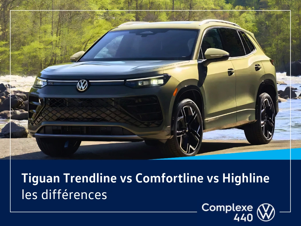 Volkswagen Tiguan 2026 avec visuel titre « Tiguan Trendline vs Comfortline vs Highline les différences ».
