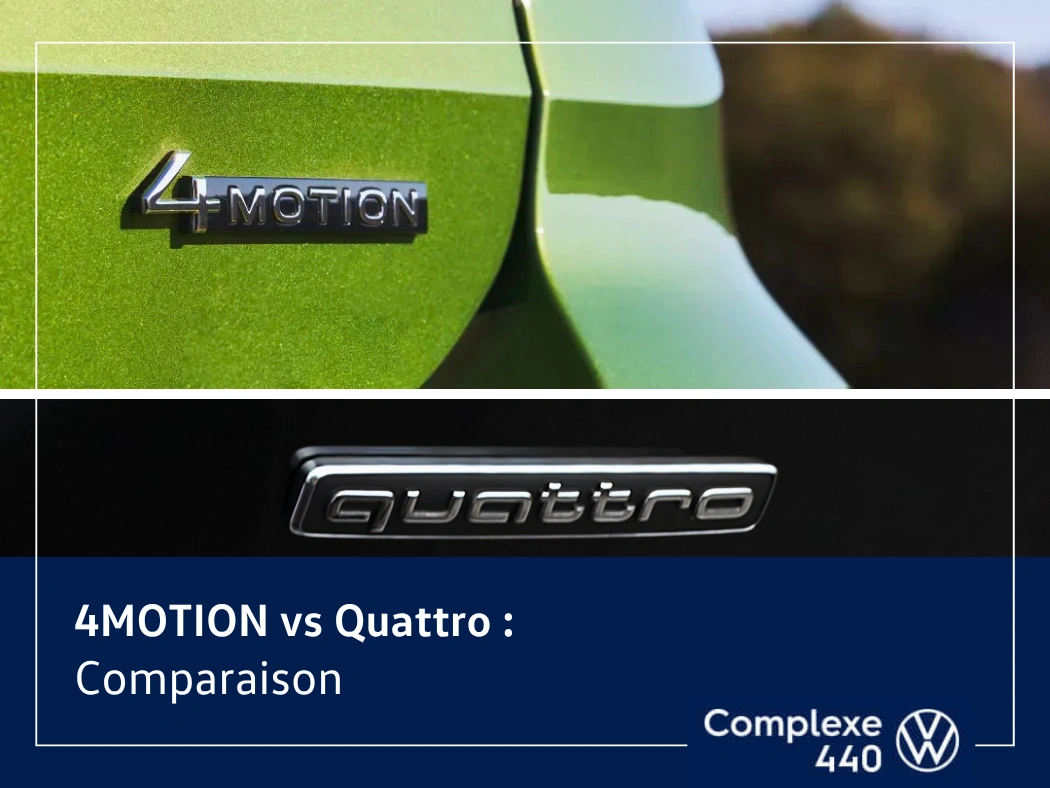 Comparaison 4MOTION vs Quattro avec les emblèmes des systèmes de traction intégrale Volkswagen et Audi.