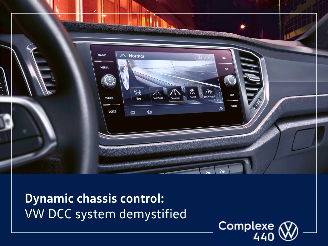 Volkswagen screen showing the modes of the VW DCC adaptive chassis control system.