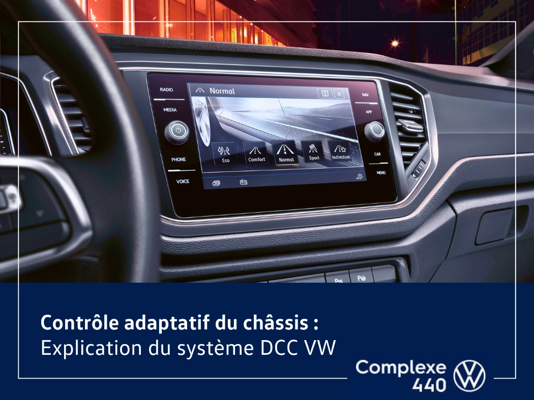 Écran Volkswagen affichant les modes du contrôle adaptatif du châssis DCC VW.