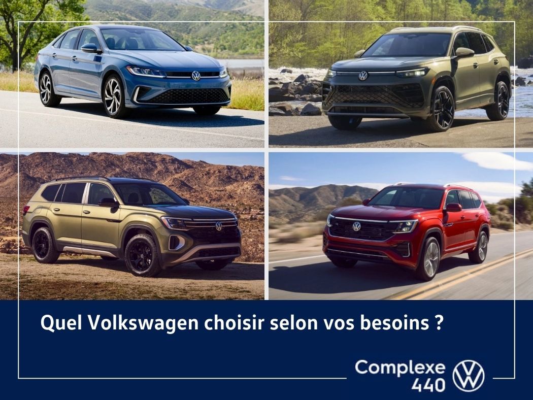 Plusieurs modèles de véhicules Volkswagen stationnés en extérieur pour une comparaison de gamme