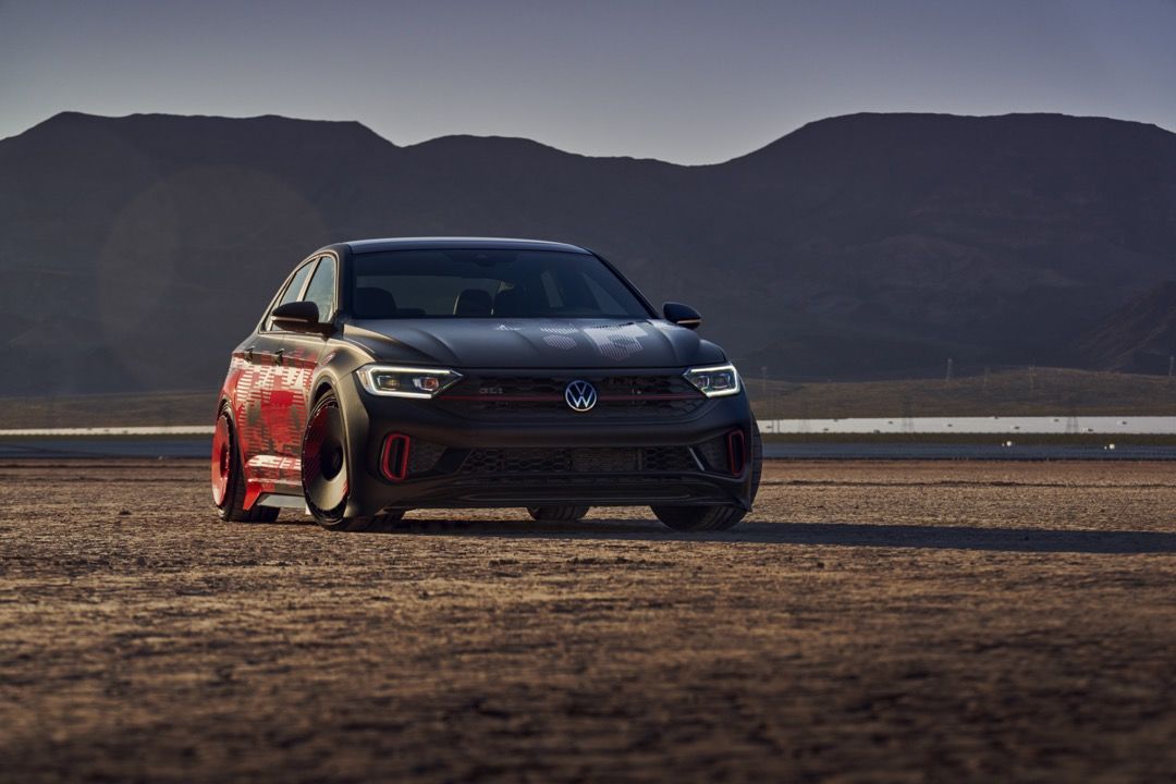Front 3/4 view of the 2023 VW Jetta GLI Performance Edition parked outdoors.