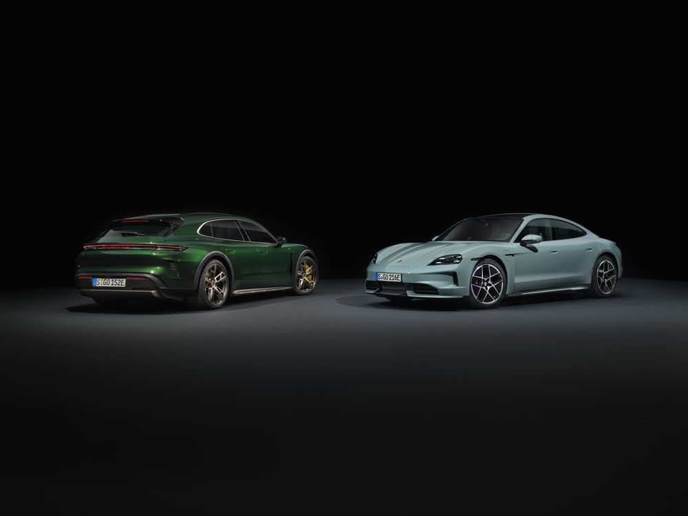 Two trims of the 2025 Porsche Taycan on a black background.