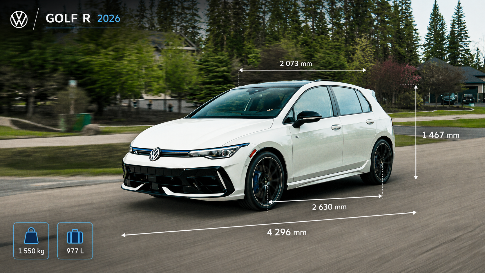 Infographie des dimensions de la Golf R 2026 — longueur, largeur, hauteur et empattement, vue de profil et de dessus