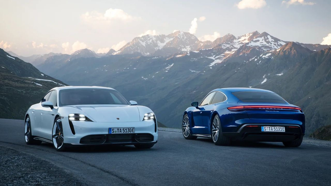 front and back view of a duo of 2026 Porsche Taycan