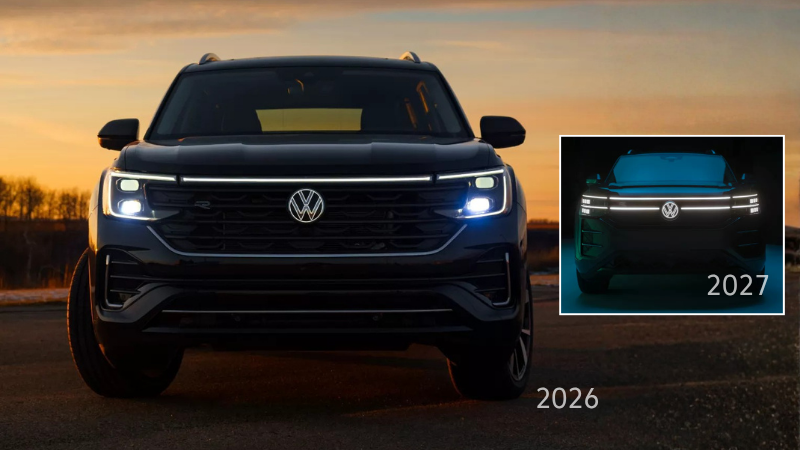 Montage comparant l'avant de l'Atlas 2026 et le nouveau fascia de l'Atlas 2027