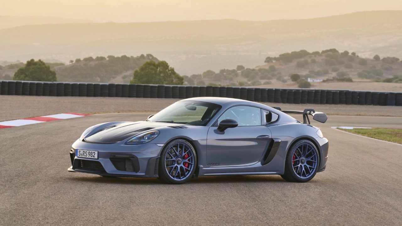 Front three-quarter view of the all-new 2027 electric Porsche 718 sports car