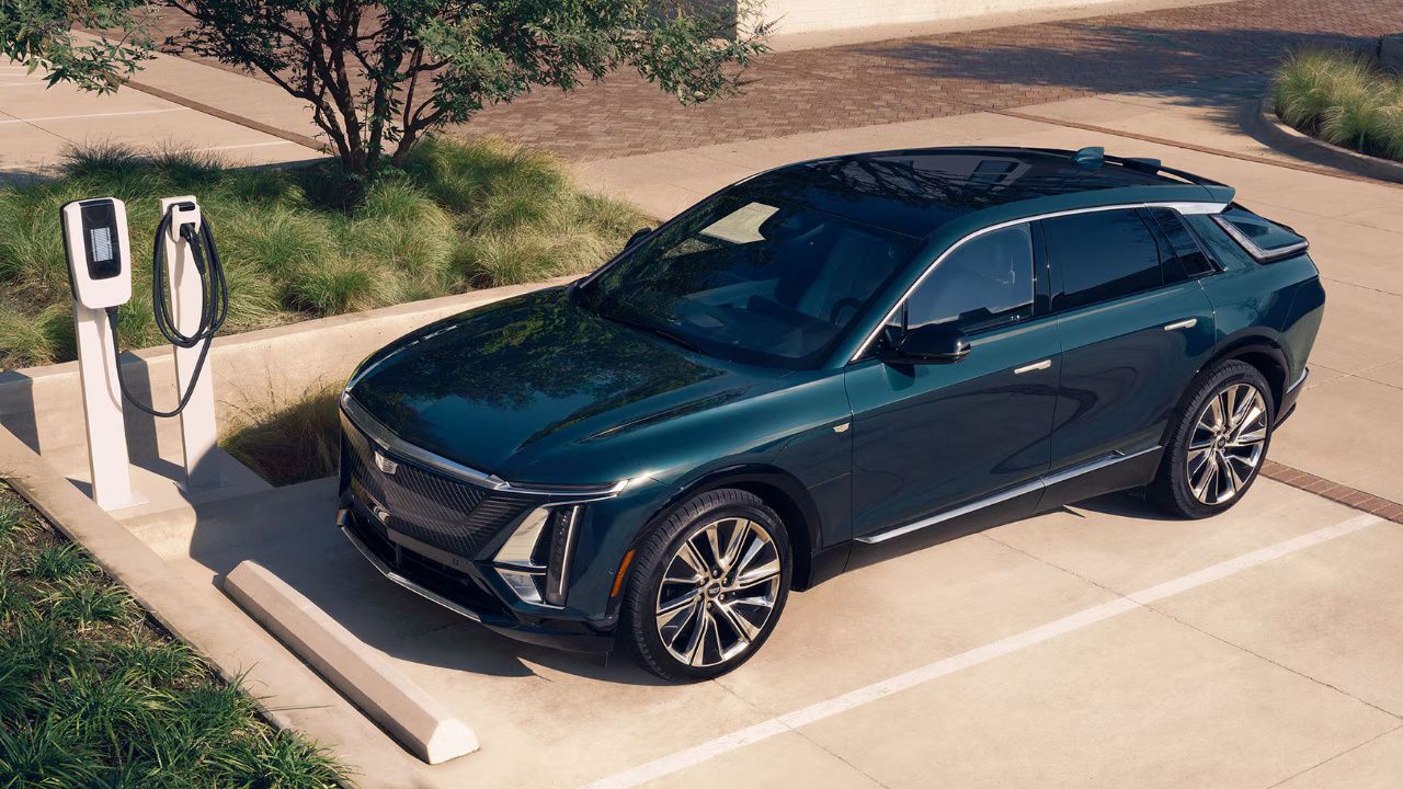 Front view of the Cadillac Lyriq highlighting its vertical lighting and futuristic grille