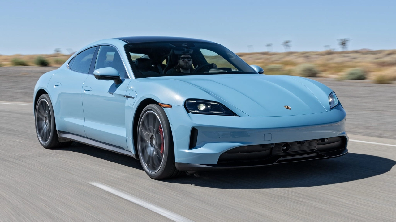 Front three-quarter view of an all-electric Porsche Taycan