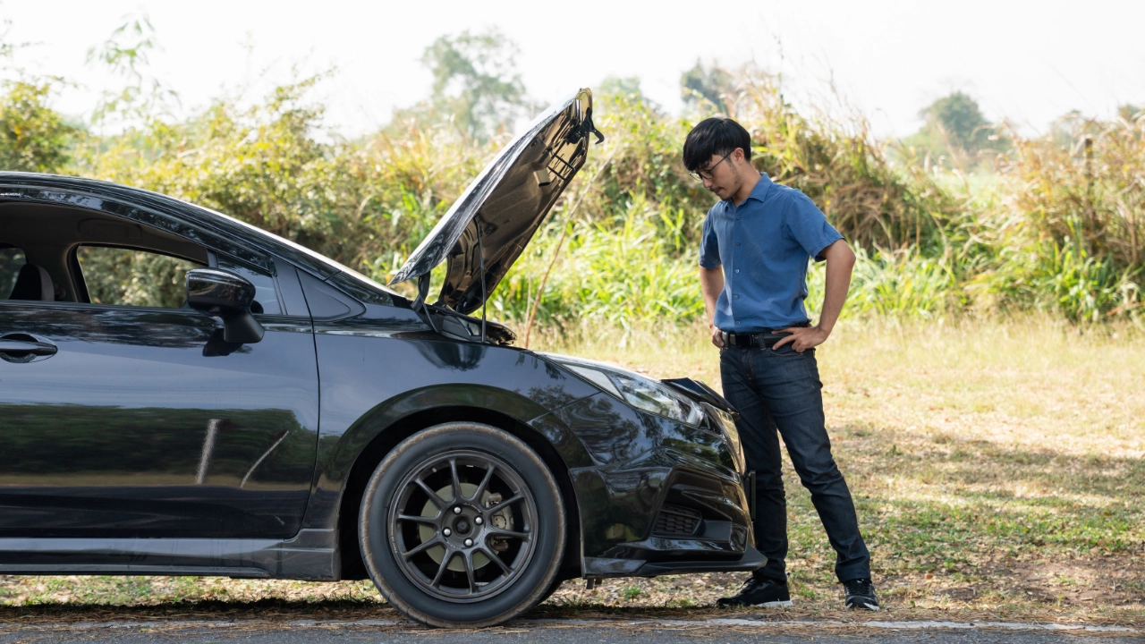 Mechanic inspecting the internal components of a car engine under the hood