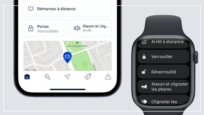 Aper&ccedil;u de l'application myVW sur un t&eacute;l&eacute;phone intelligent et une Apple Watch pour le d&eacute;marrage &agrave; distance Volkswagen