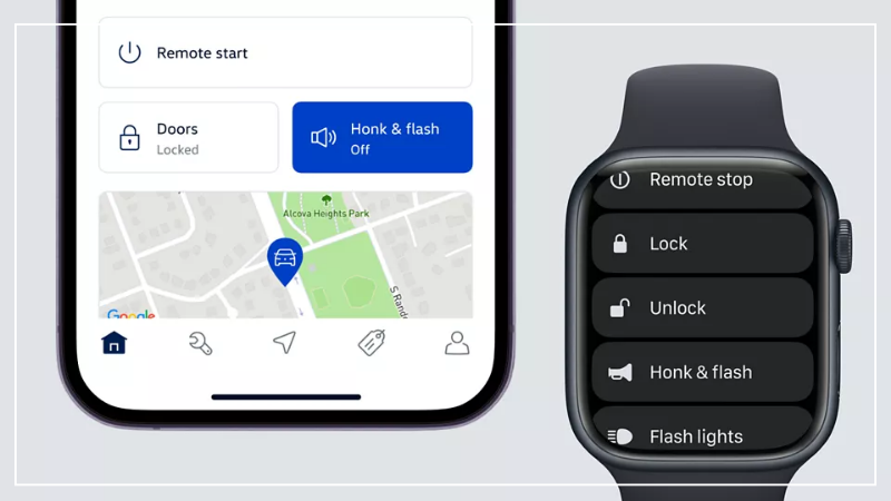 Preview of the myVW app on a smartphone and Apple Watch for Volkswagen remote start