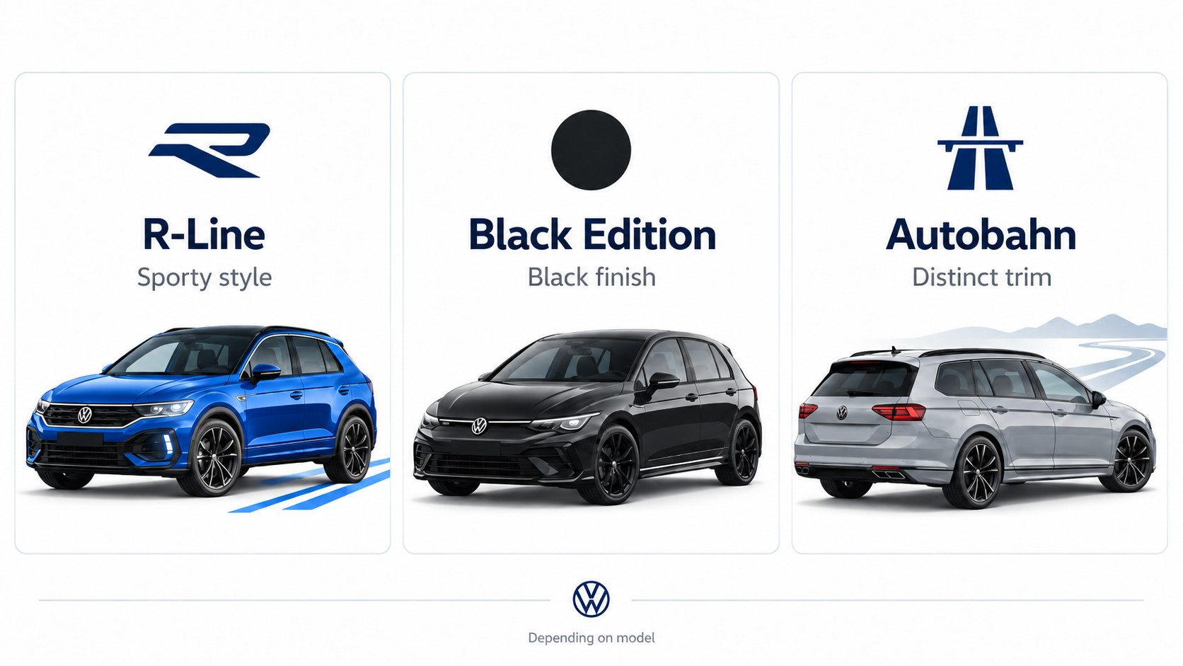 Infographic illustrating the R-Line, Black Edition and Autobahn Volkswagen trim names
