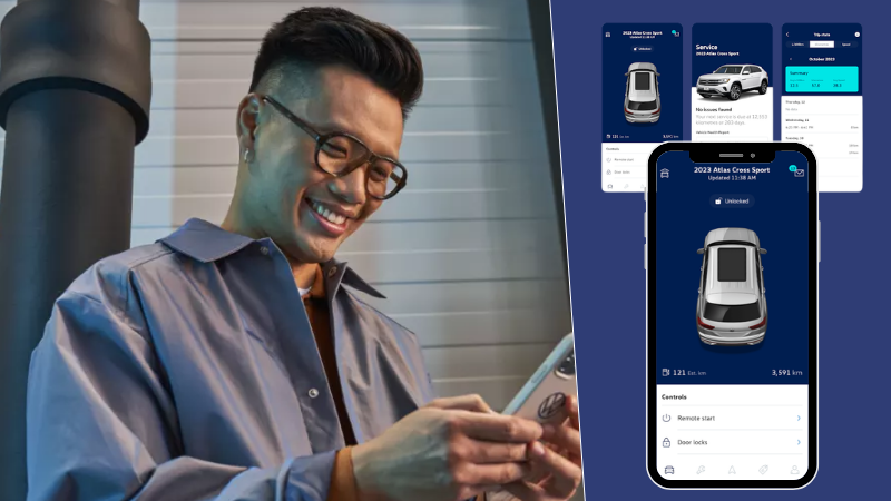 Person holding a smartphone with the myVW app and screenshots of myVW+ features