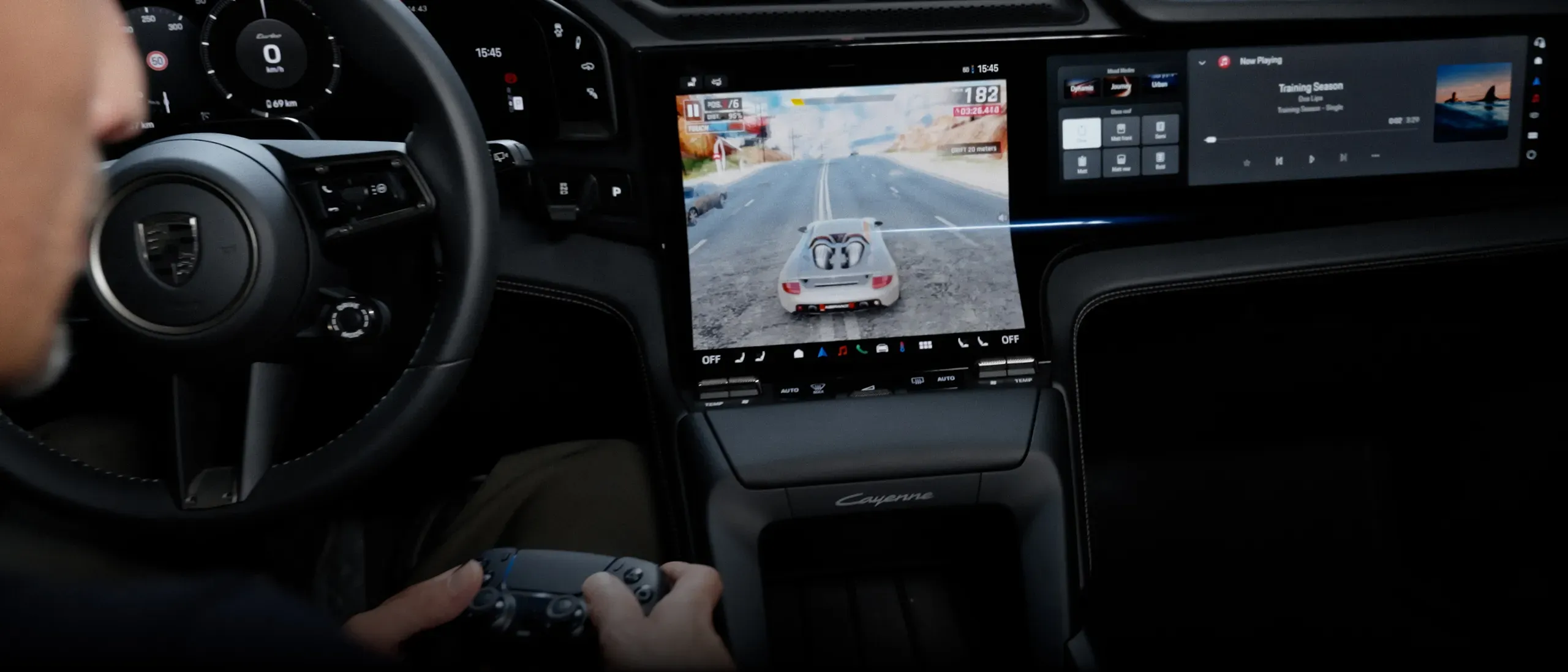 2027 Porsche Cayenne electric coupe cockpit with digital screens and parking camera display.