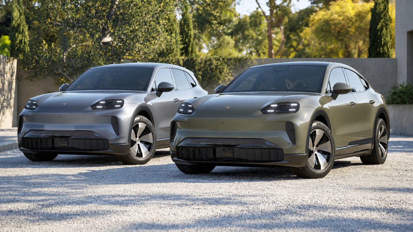 Electric Porsche Cayenne SUV and Coupe shown side by side from a front three-quarter angle.