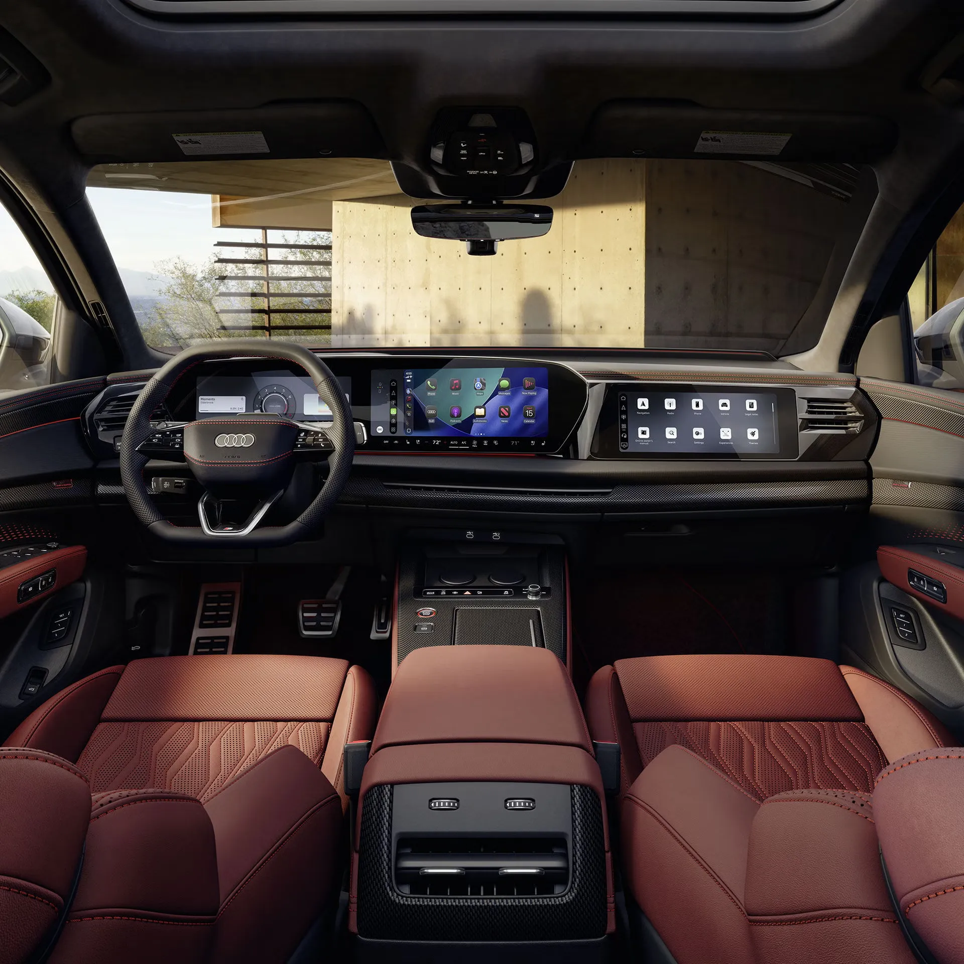 2027 Audi SQ7 cockpit with three digital screens and red leather seats.