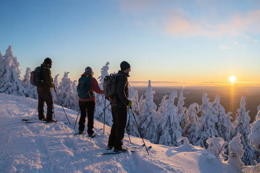 Randonneurs admirant le soleil &agrave; l&rsquo;horizon dans les montagnes enneig&eacute;es des Laurentides.