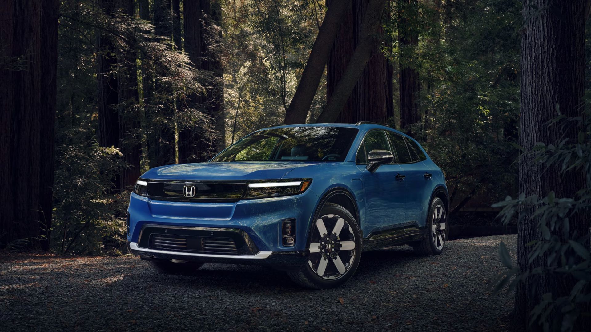 vue latérale avant d'une Honda Prologue 2025 en forêt.