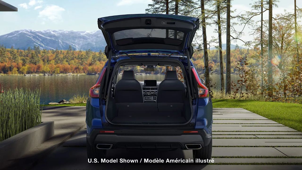 rear side view of a 2026 Honda CR-V hybrid 2026 with an open trunk
