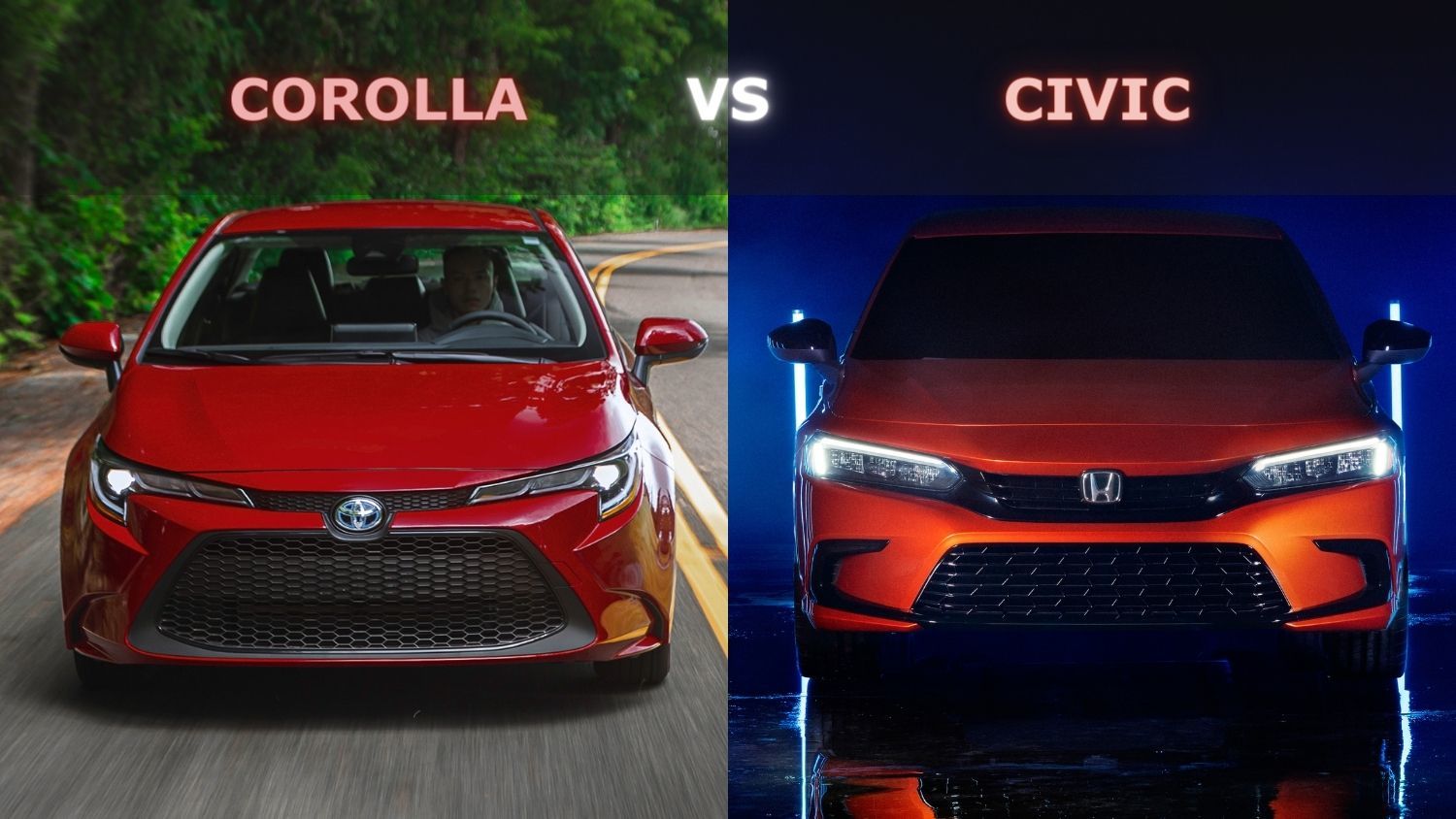 Vue avant de la Toyota Corolla 2022 rouge vs la Honda Civic 2022 orange