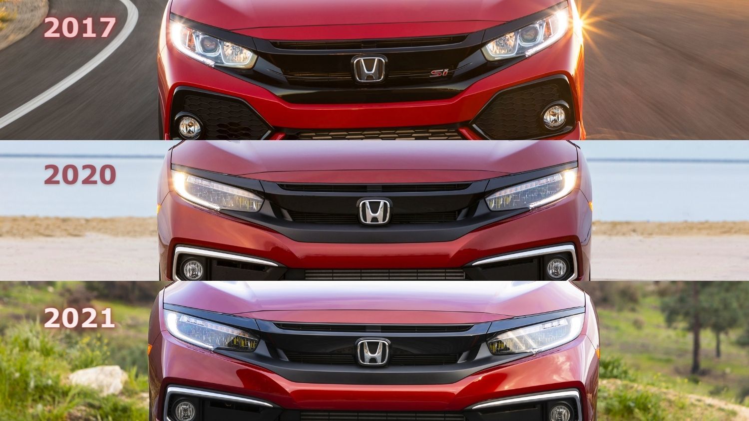 Les trois calandres de la Honda Civic gagnante en 2017, 2020 et 2021
