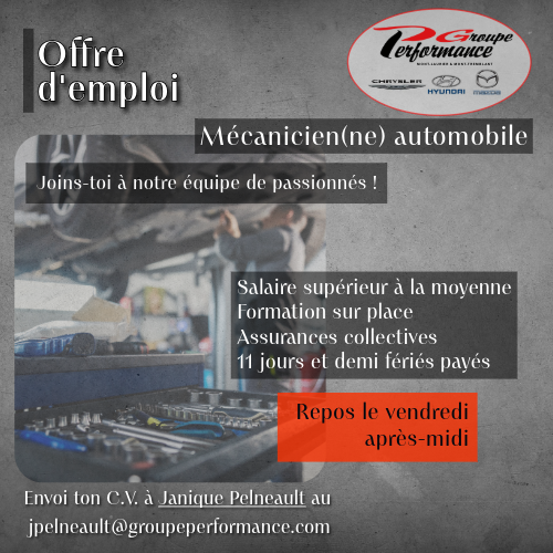 Offre d'emploi: Mécanicien (ne) automobile