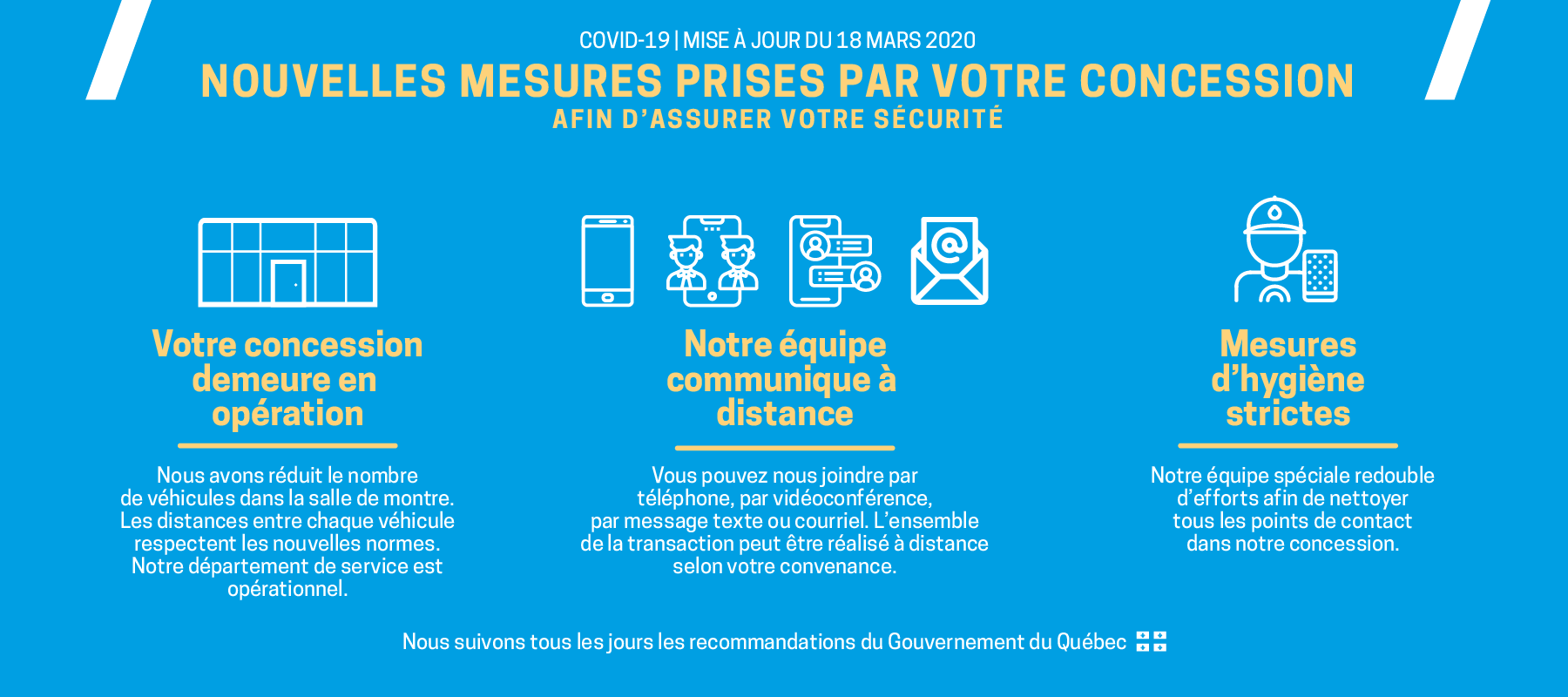 NOUVELLES MESURES PRISES PAR VOTRE CONCESSION POUR LE COVID-19.