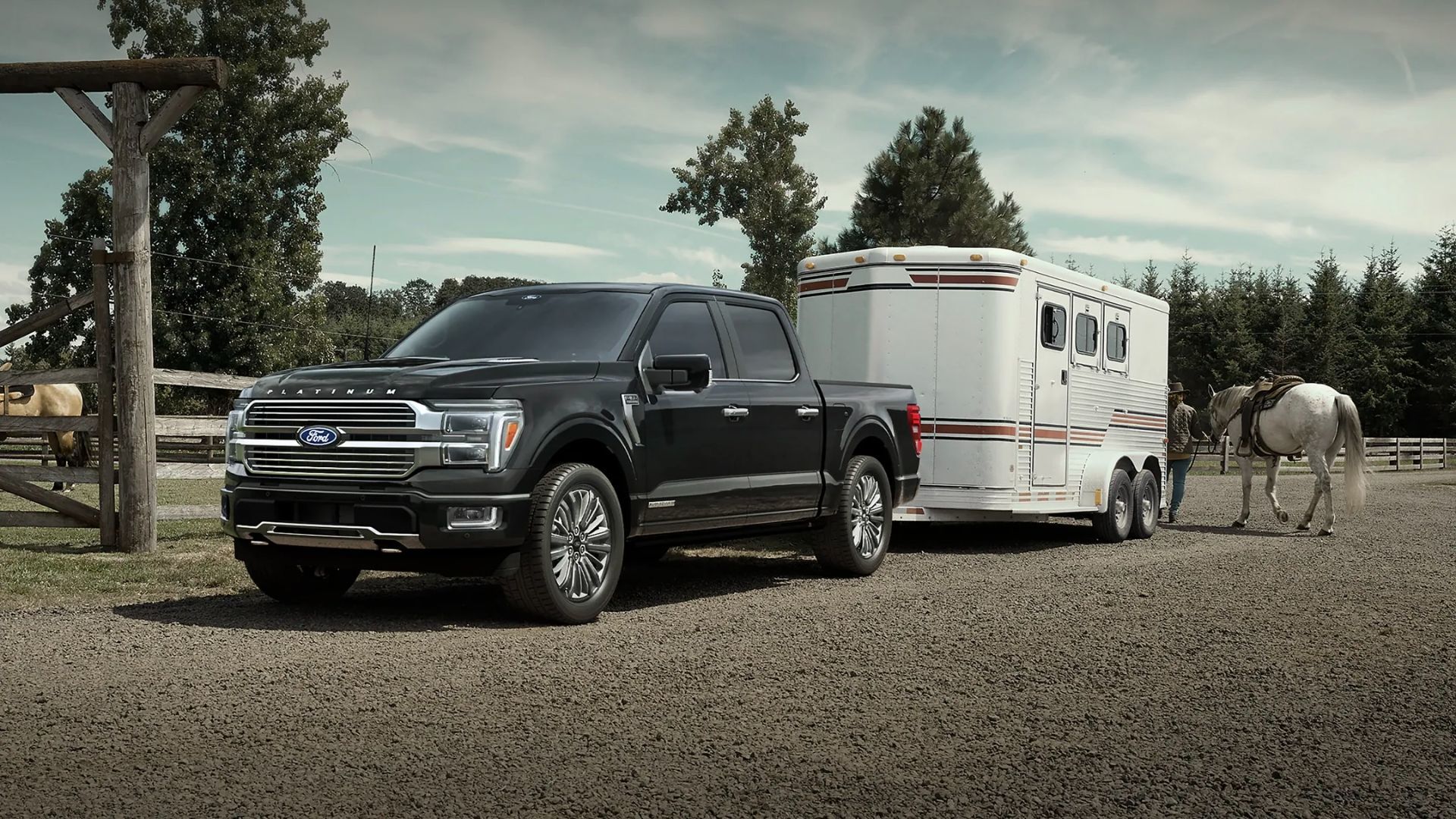 Un Ford F-150 qui tire une remorque à chevaux.