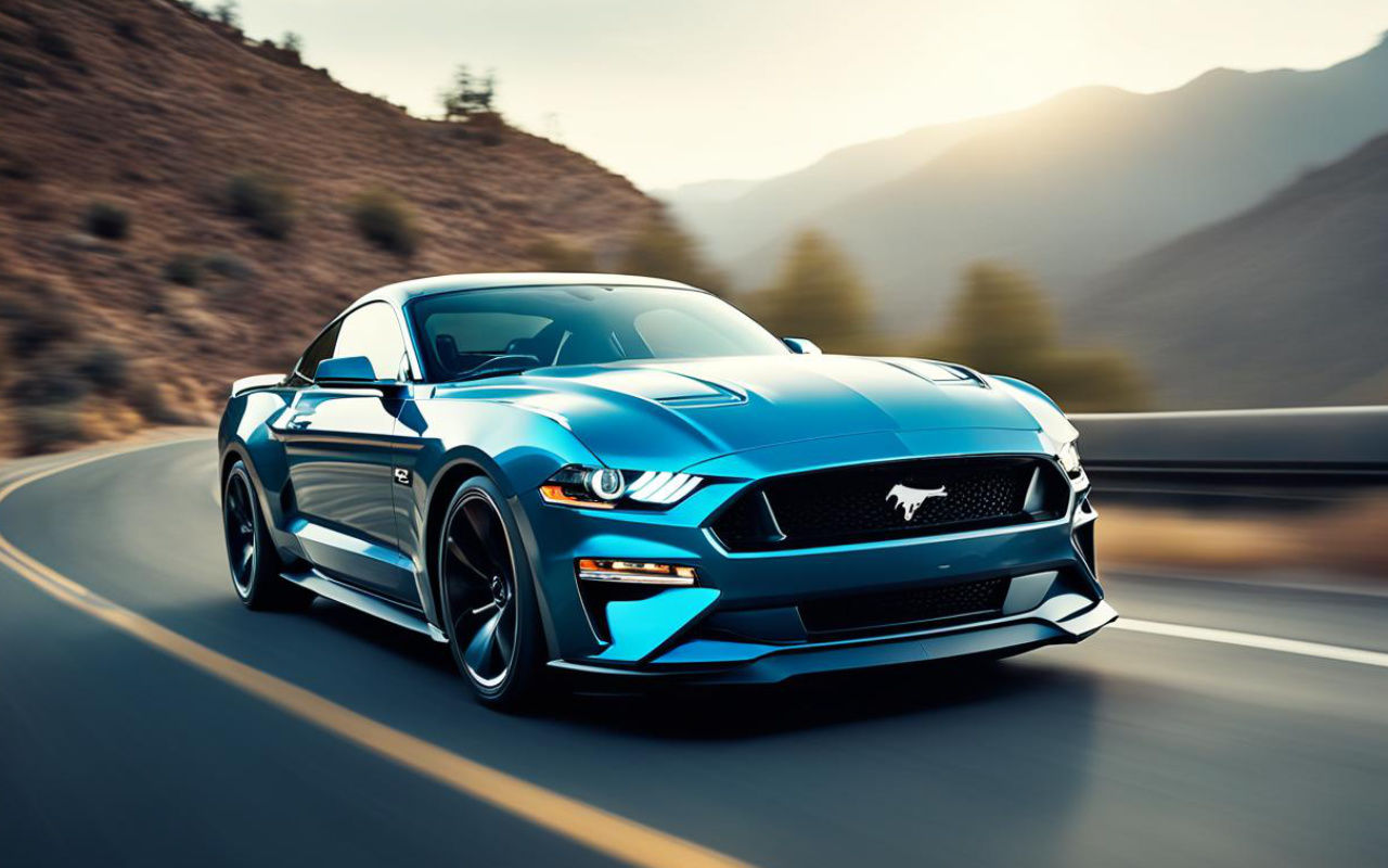 vue latérale avant d'une Ford Mustang 2025 sur une route de montagne