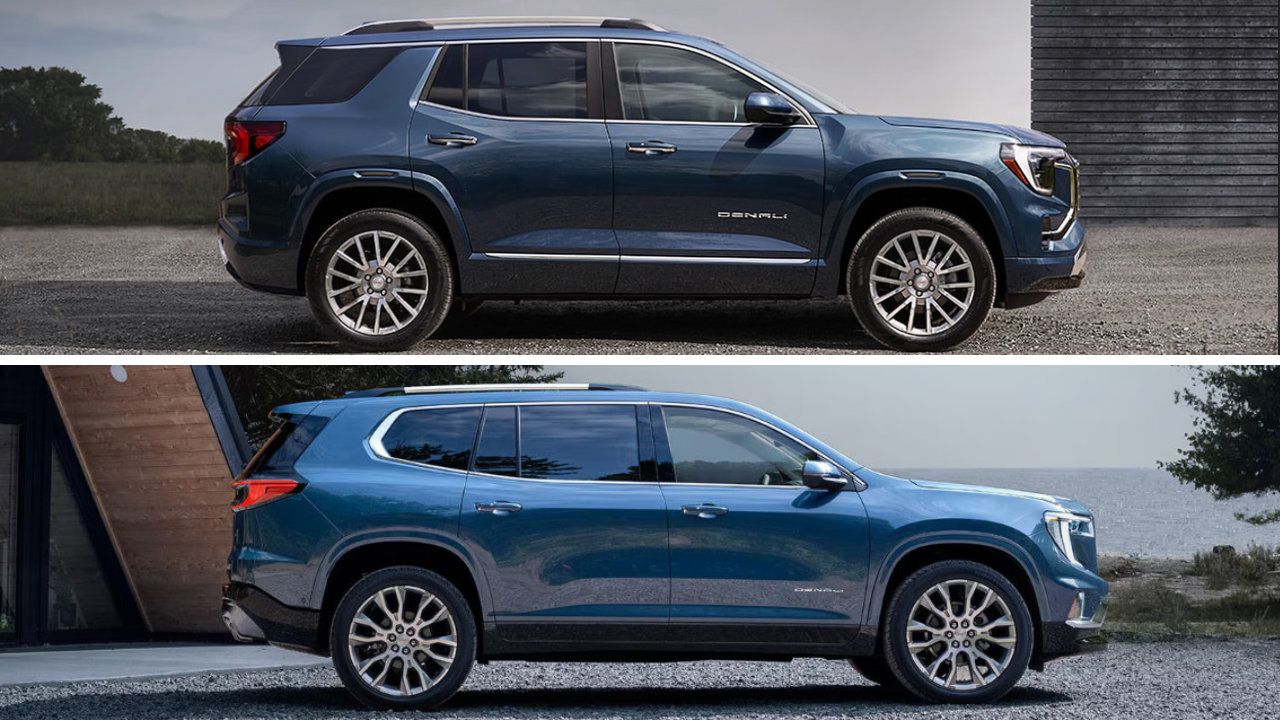 Comparison between the 2026 GMC Terrain and GMC Acadia on a paved road