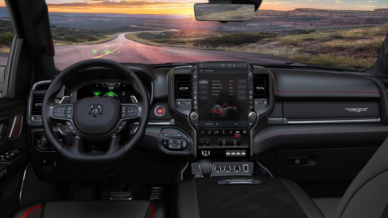 Interior cabin and vertical infotainment screen of the 2027 RAM 1500